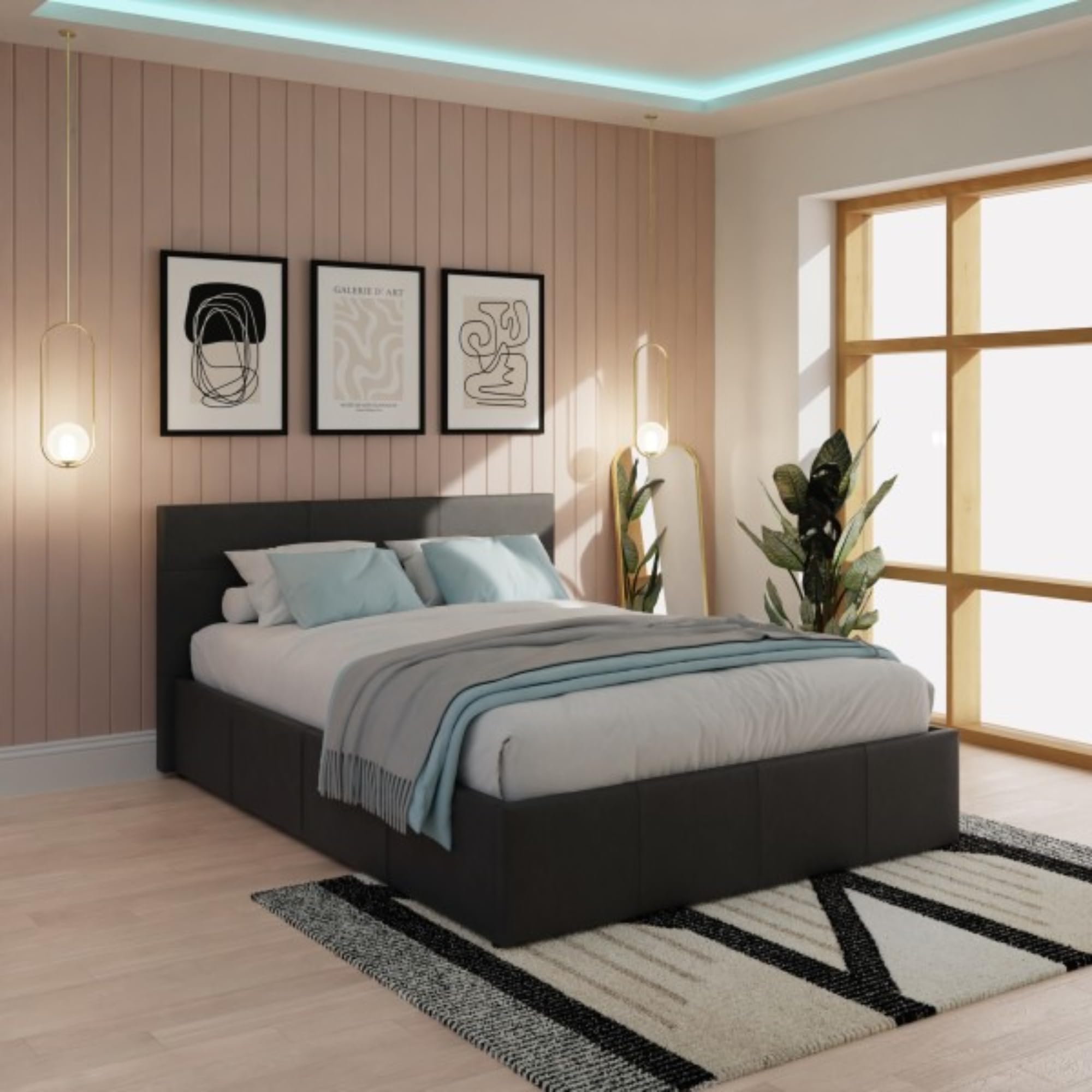 GFW Classic Leather Upholstered Ottoman Storage Bed With Gas Side Lift & Under Bed Storage, Small Double, Black