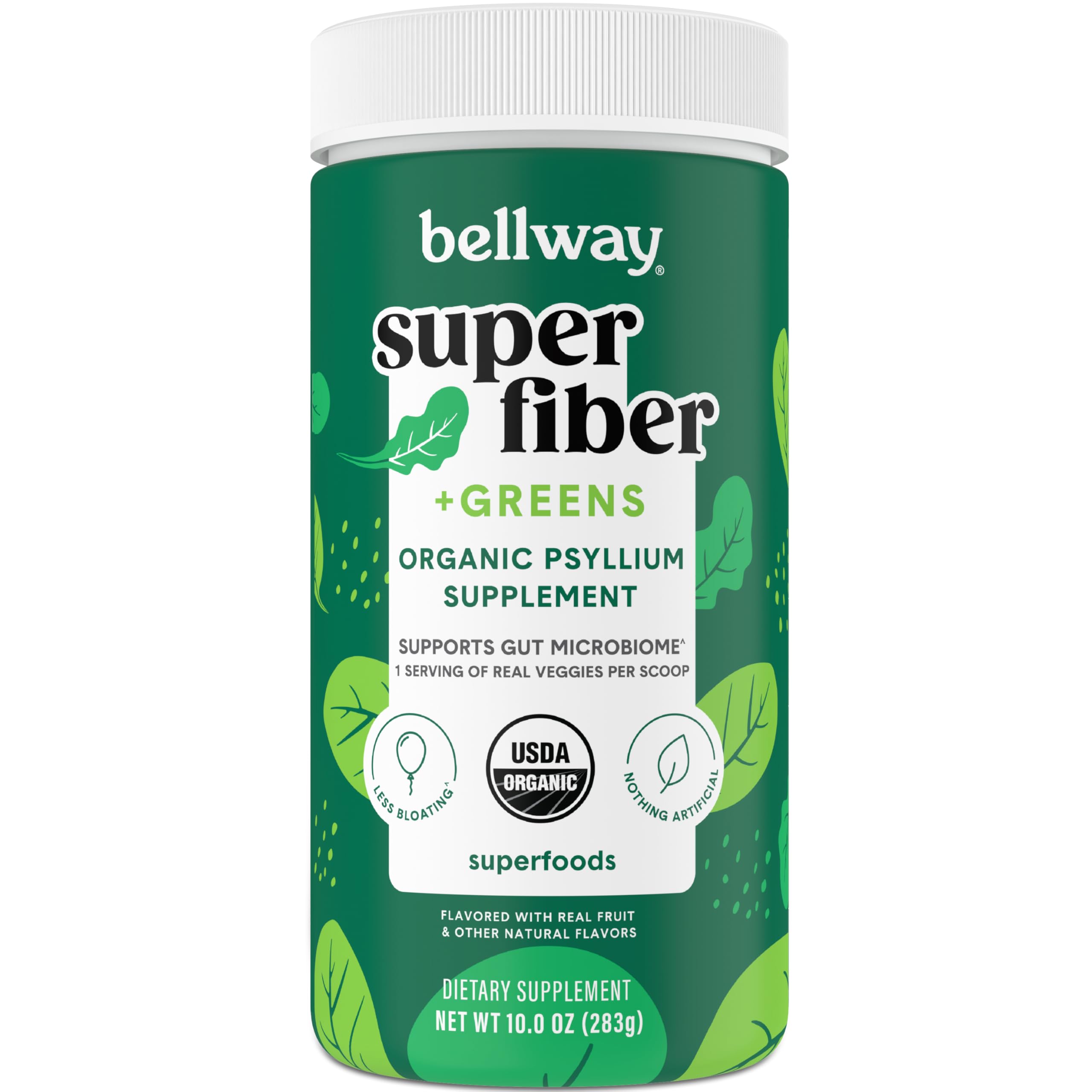 BellwaySuper Fiber + Greens Powder, Sugar-Free Psyllium Husk Fiber Supplement Powder with Super Greens (30 Servings)USDA Organic