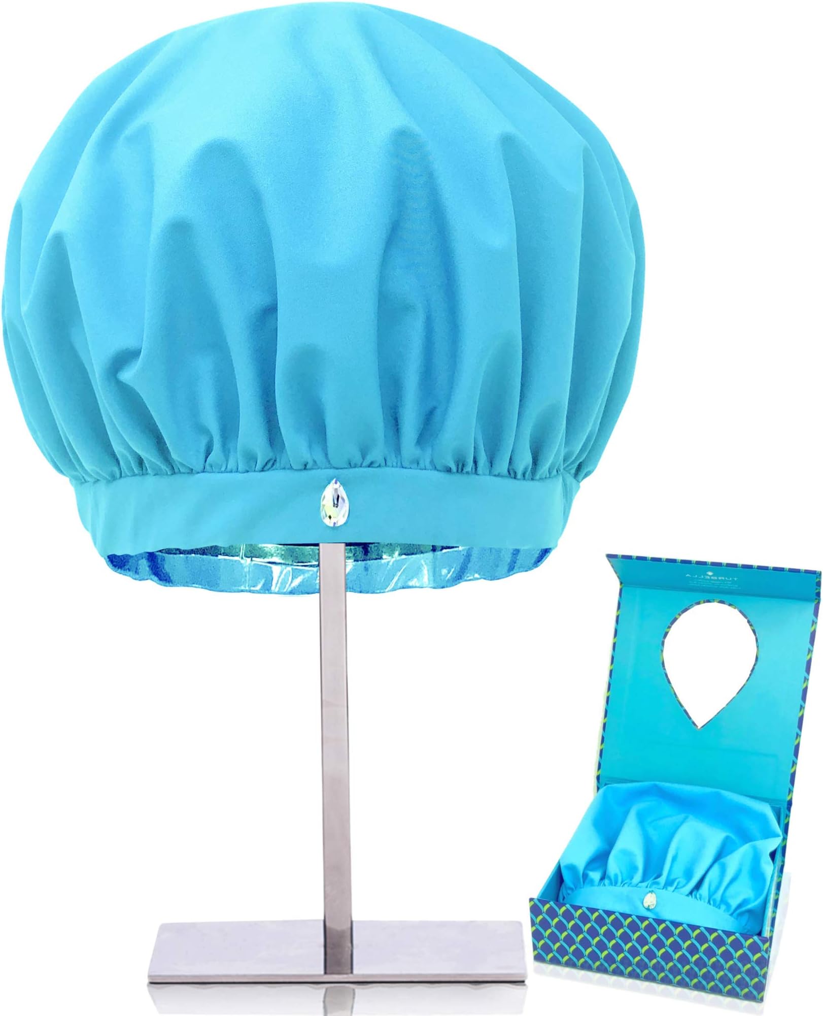 Pro Shower Cap for Women | Waterproof Breathable Fabric Removes Humidity to Keep Hair Dry + Styled | Adjustable Anti Slip Band | Big + Reusable | Swarovski | Made in USA Quality | Gift Box