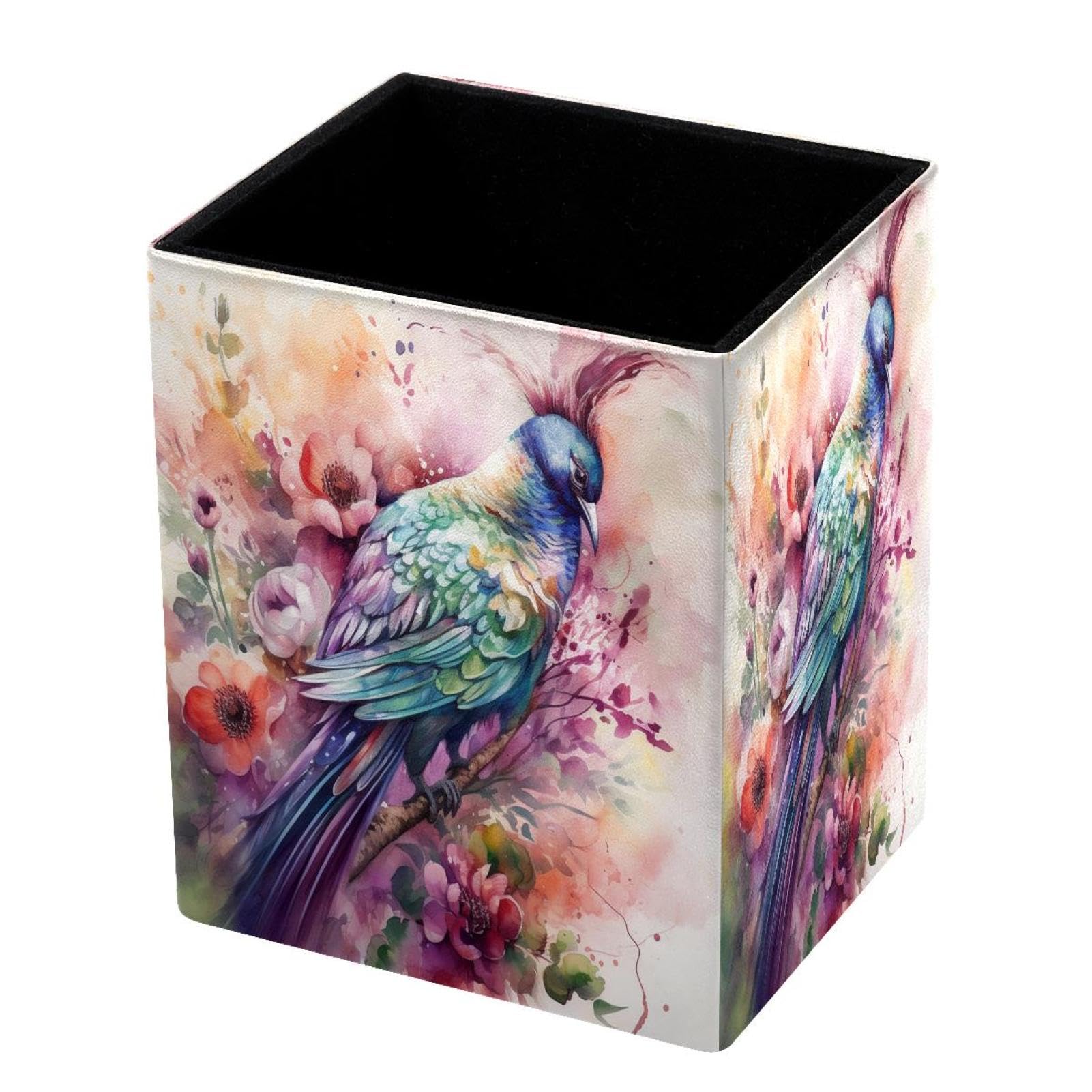 DragonBtu Desktop Pencil Holder, Watercolor Bird Rectangular Pencil Cup, Pencil Storage Bag Office Desk Supplies Case for School, Kids