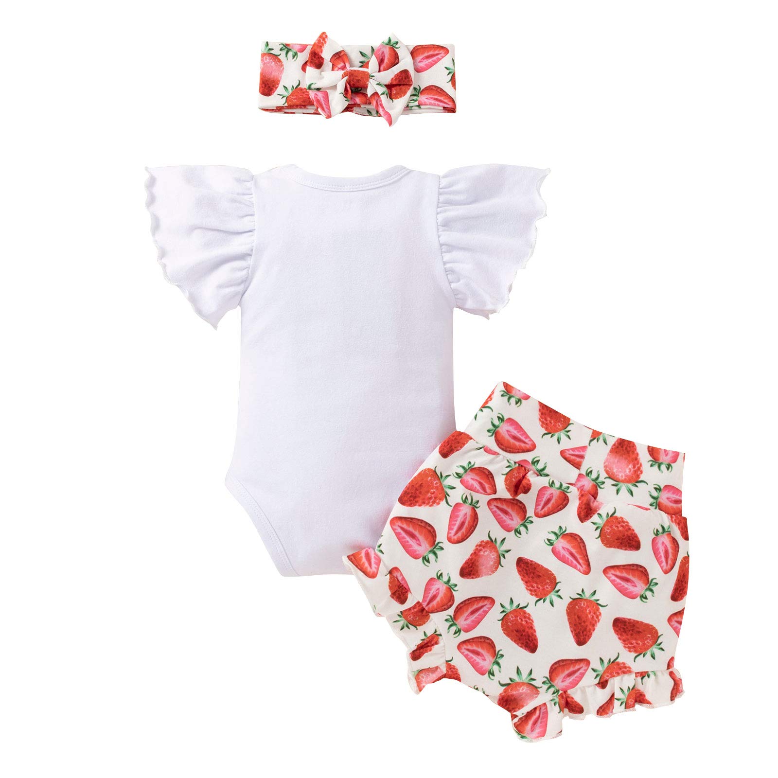 Newborn Baby Girls Clothes Strawberry Ruffles Sleeves Summer Romper Floral Bottoms Shorts Headband 3pcs Outfits Set Infant Girl First Birthday Coming Home Outfits Pants Set Red Strawberry 3-6 Months