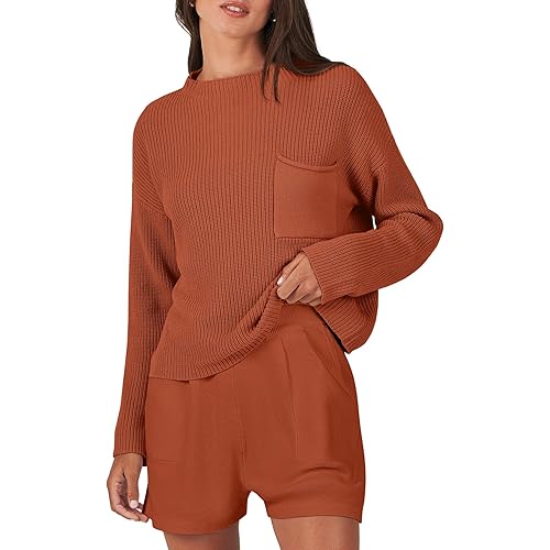 ANRABESS Women's Two Piece Outfits Sweater Short Sets Knit Pullover Tops and Shorts Lounge Set Tracksuit