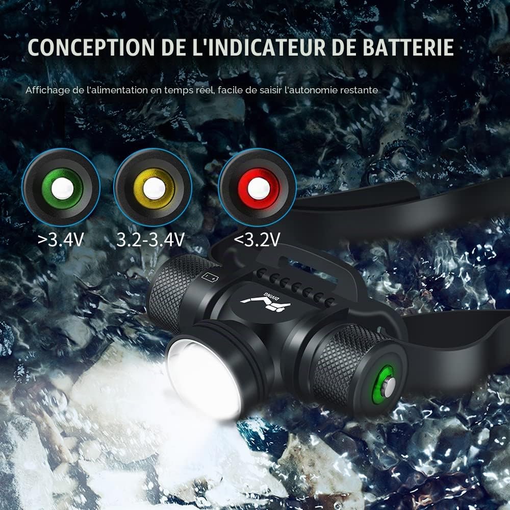 WINDFIRE 5 000 lumens lumière sous-marine, lumière frontale sous-marine, 5 modes lampe frontale sous-marine, IPX8 étanche submersible 60 mètres de sécurité tête de plongé