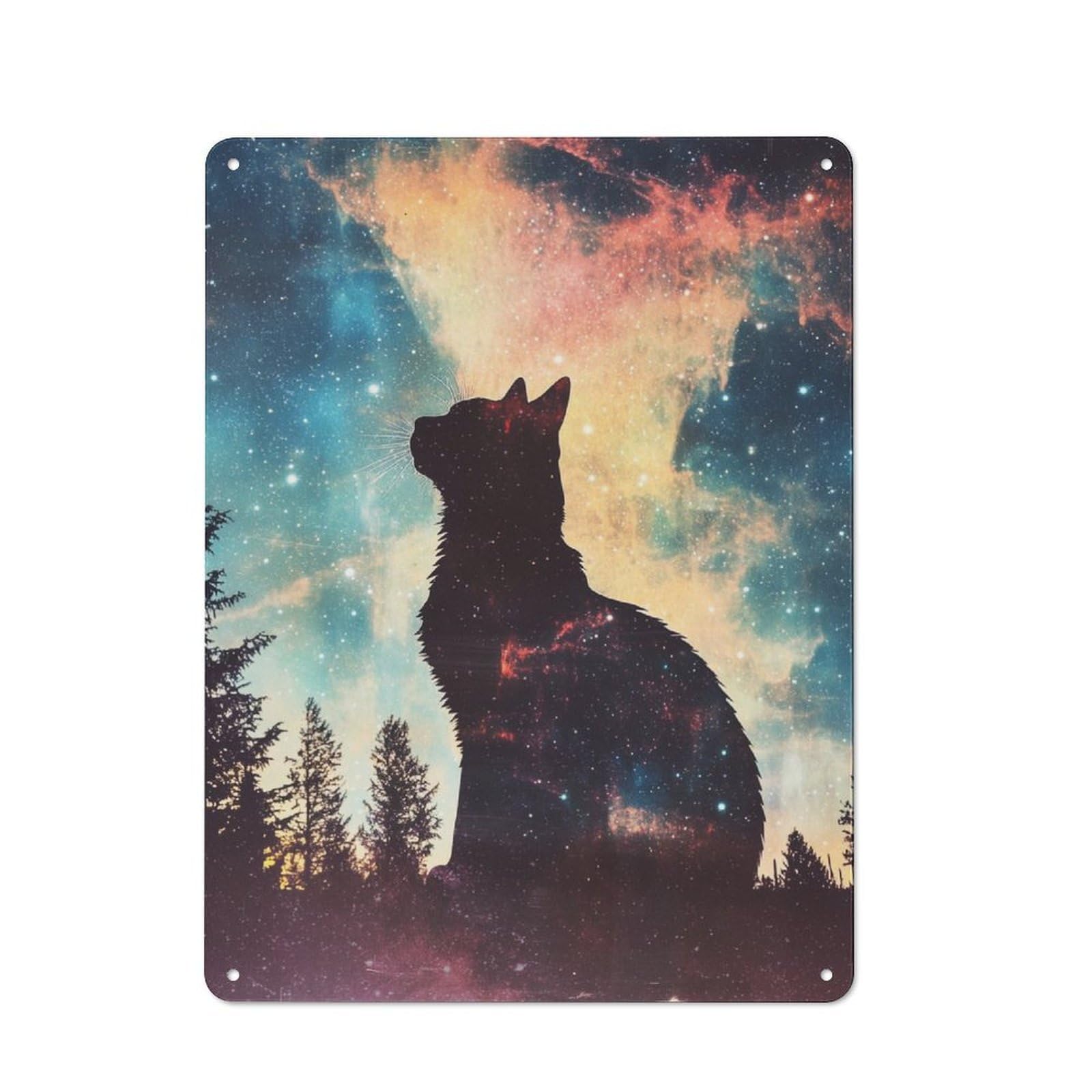 Junmoney Cat In The Galaxy Vintage Tin Sign 40X30cm For Hobby Room Or Studio, A New Home Present For Creative Interior Collectors