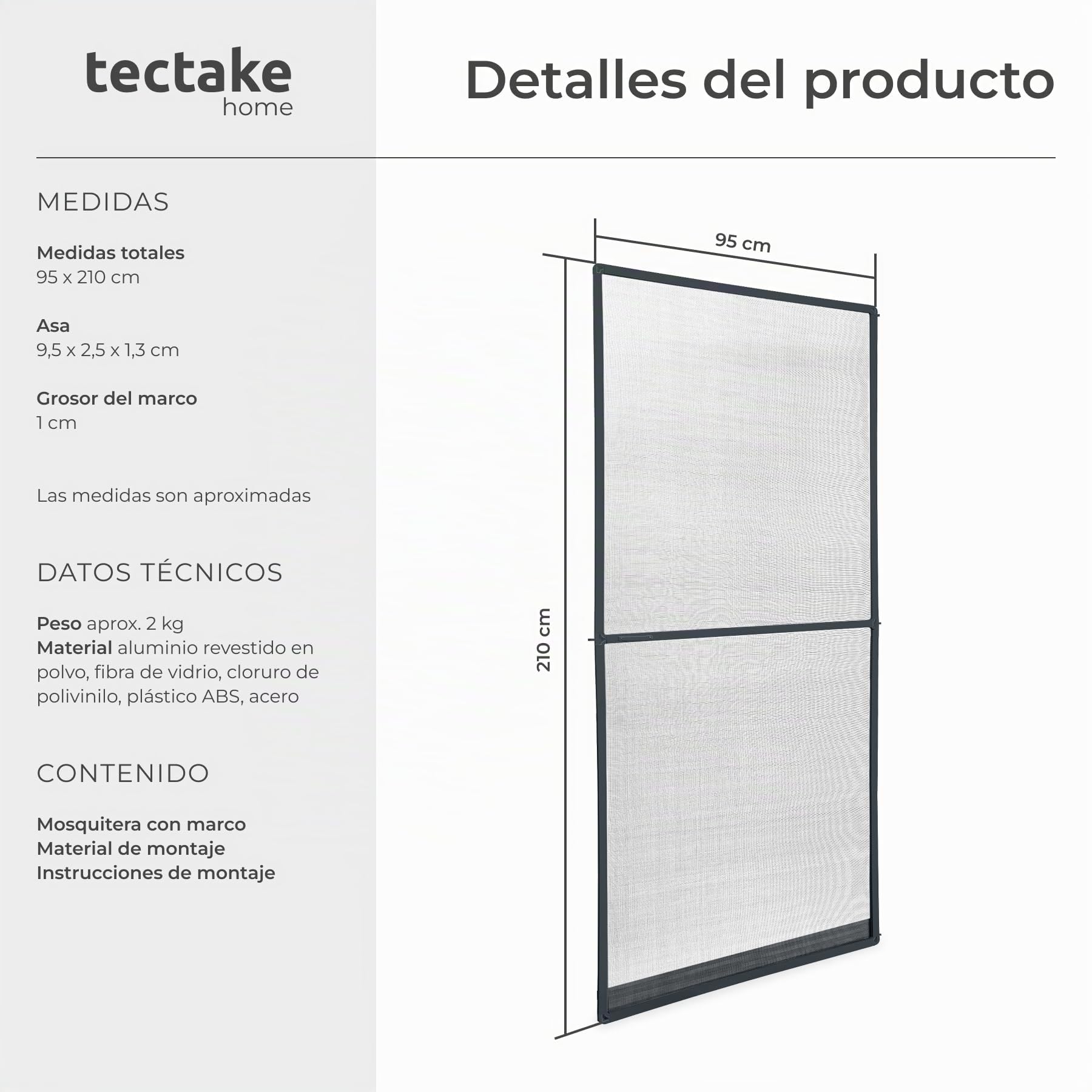 tectake® Mosquiteras para Puertas, Malla Mosquitera Metalica, con Tela Mosquitera, Red Mosquiteras Puerta, Resistente a la Intemperie, Marco Aluminio - 95 x 210 cm Antracita