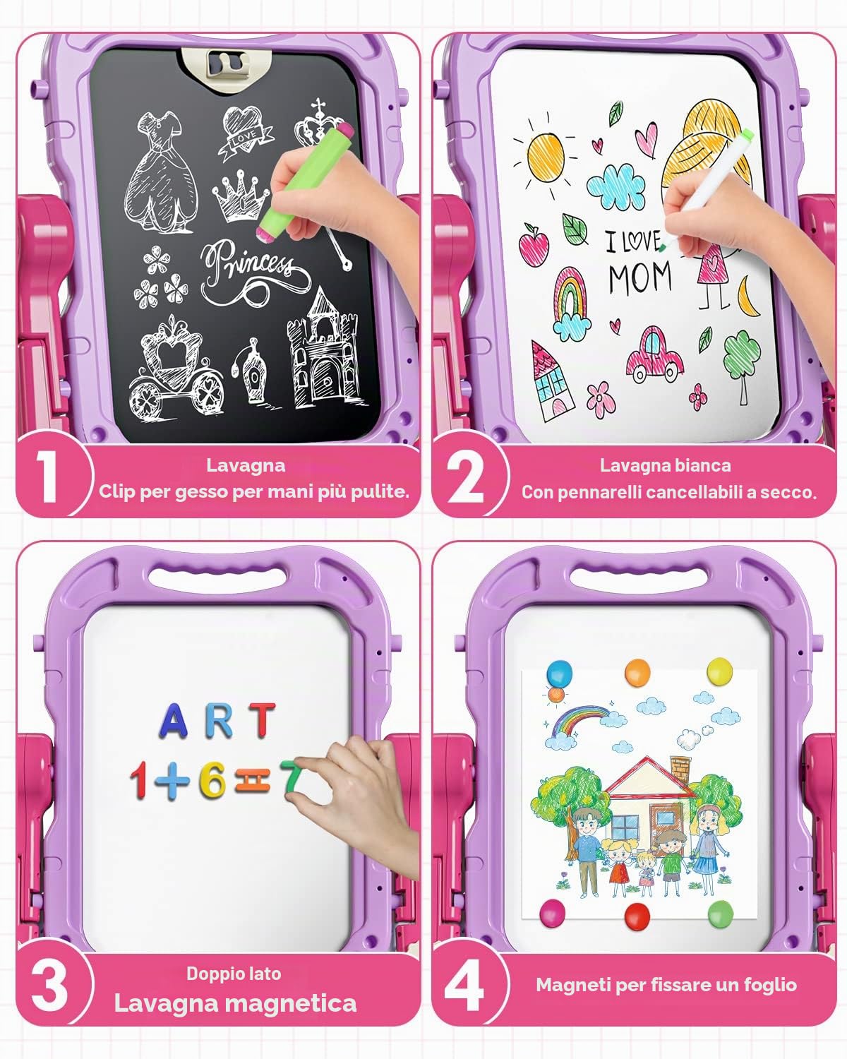 Lehoo Castle Lavagna per Bambini, 4 in 1 Lavagna Magnetica per Bambini, 360° Cavalletto Pitturai Regolabile Altezza, Giocattolo Educativo 3+ Anni(Viola)