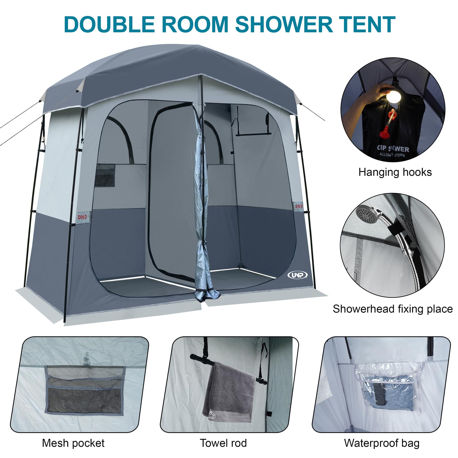 UNP Duschzelt 2 Zimmer, Tragbares Sichtschutzzelt Outdoor Camping Toilettenzelte Einfacher Aufbau, Ankleidezimmer für Strand, Camping & Wandern (Grau)
