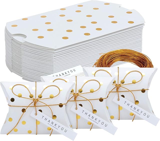 TsunNee Pillow Paper Candy Boxes with Thank You Card, Polka Dot Christmas Xmas Party Gift Boxes, Sweet Wedding Favour Boxes, Creative Paper Treat Boxes, 50-Pack