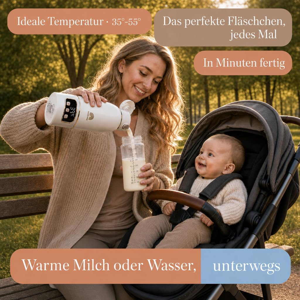 Flaschenwärmer Baby Unterwegs Tragbar Kabellos 500ml, Muttermilch & Wasser, Reise Auto Nacht, Silikonbürste Inklusive