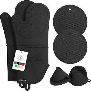 Rorecay 6pcs Oven Mitts and Pot Holders Sets Heat Resistant 500 Degrees, Extra Long and Non-Slip Silicone Oven Gloves Potholders Hot Pads for Kitchen Baking Cooking, Quilted Liner, Black