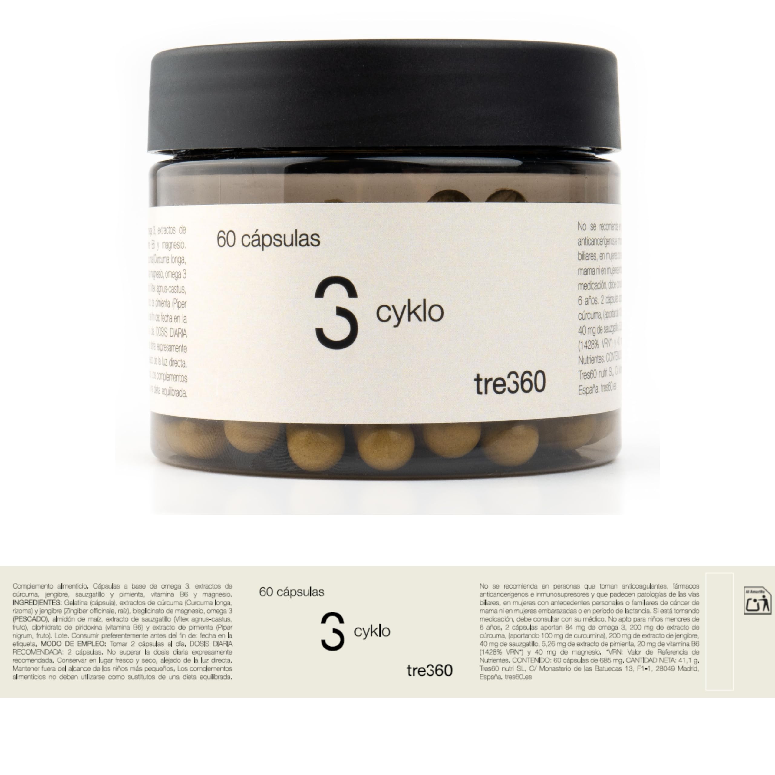 Tres60 - Cyklo Regulador Hormonal - 60 Cápsulas - Sauzgatillo (Vitex Agnus-Castus), Magnesio, Zinc y Vitamina B6 - Complemento para Equilibrio Hormonal y Bienestar Femenino - Síndrome Premenstrual