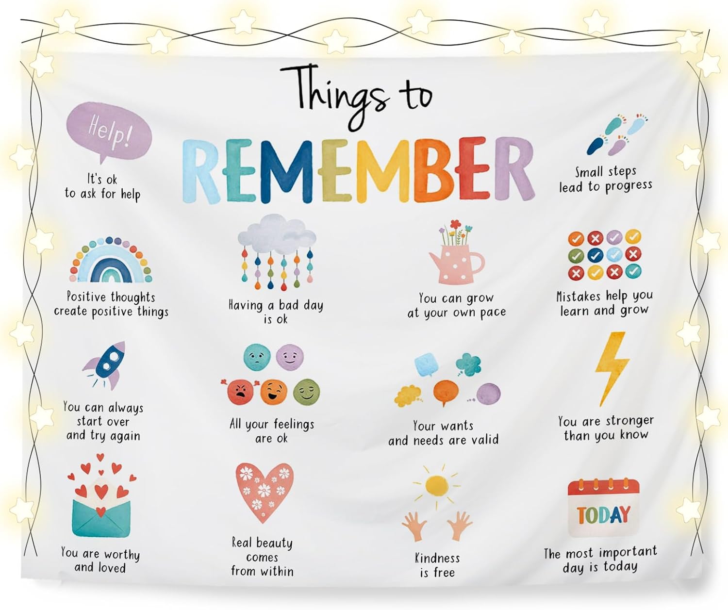 KRHFG Mental Health Tapestry, Positive Affirmations Wall Decor Tapestry, Things to Remember Tapestries Wall Hanging Backdrop for Therapy School Counselor Office, 50×60 Inch