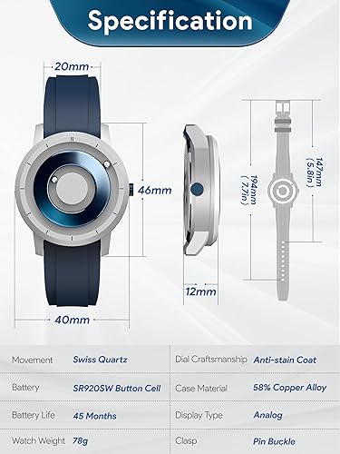 Miniatura 4 de EUTOUR Magnetic Watches for Men 5ATM 40MM Specular Dial Quartz Magnet Watch with Ball Bearings and Silicone Watch Bands Ideas for Men Unique Men's