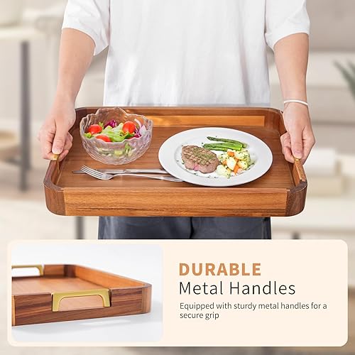 Miniatura 7 de Bandeja de madera de acacia con asas de metal, bandeja de bebidas de alimentos de 17 x 12 pulgadas para mesa de café, desayuno, cena y bar, bandeja
