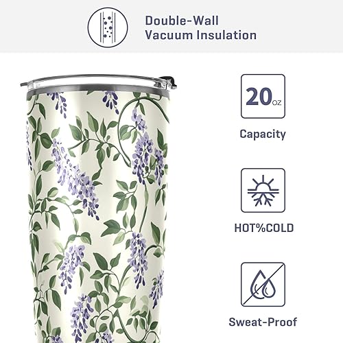 Miniatura 4 de Botella de agua aislada de acero inoxidable con diseño de flor de glicina vintage, tapa a prueba de fugas y taza de café con pajita para hombres