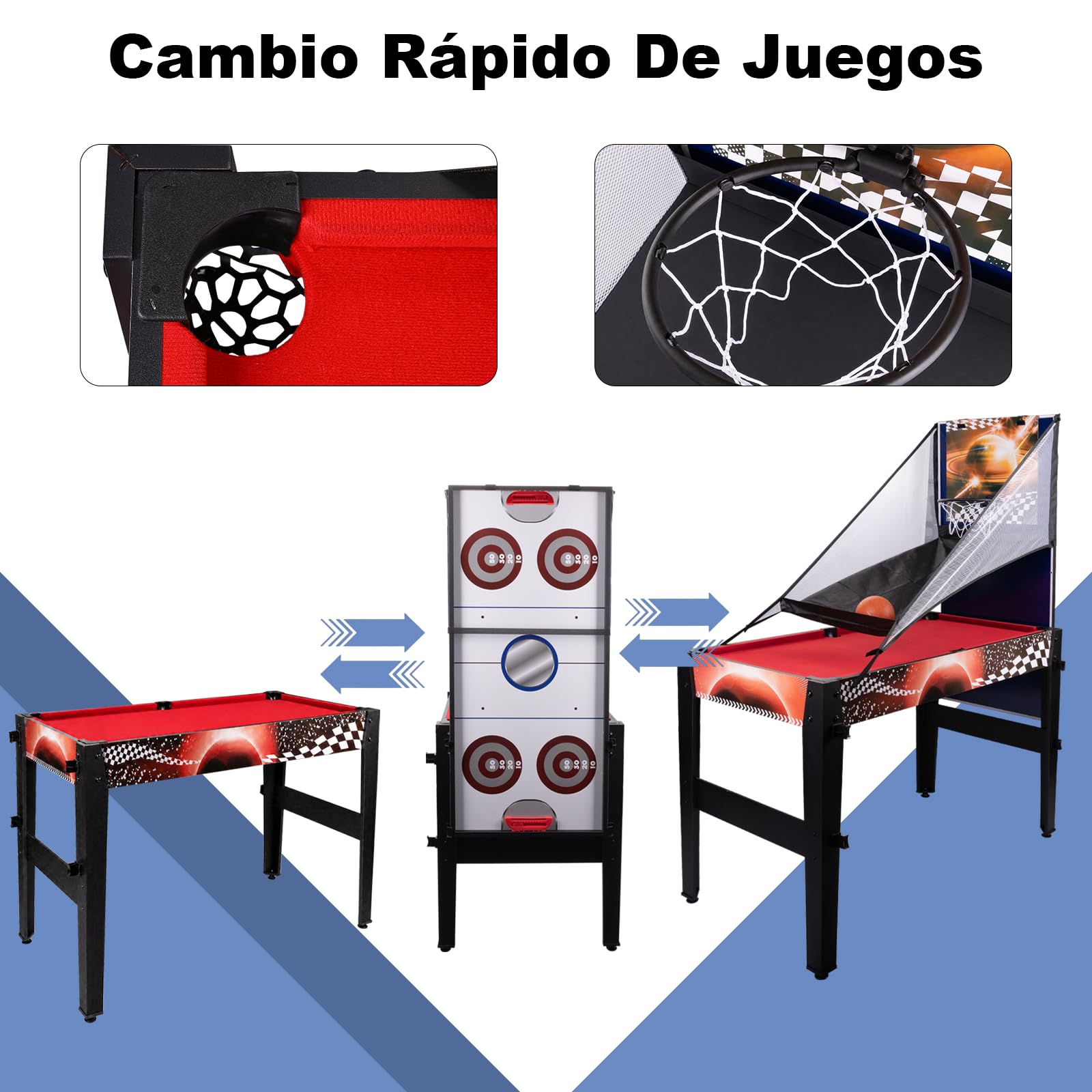 Mesa multijuegos 14en1 122cm Billar Ping Pong Air Hockey | Mesa de Juegos,Basket,Bowling,Ajedrez,Tiro con arco.Tableros apilables,madera,accesorios,ideal para familia.