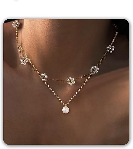 Pearl Necklaces for Women, Gold Pearl Choker Dainty Single Pearl Necklace Layered Daisy Necklace Set Pendant Strands for Bride Bridesmaids, Homecoming Costume Prom Jewelry Wedding Gifts