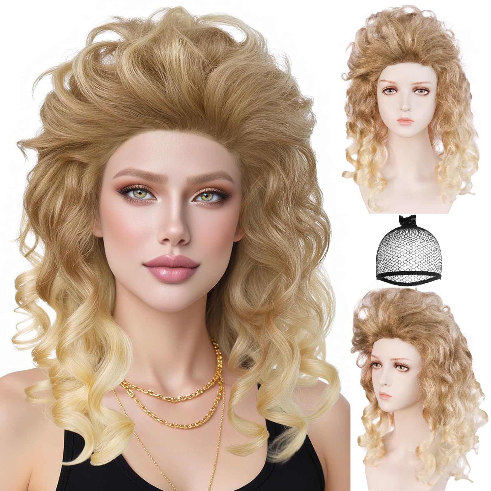 BEKIDER (+1 Hair Cap) Blonde Wig Curly 70s 80s Wigs Women Long Blonde Wavy Wigs 80s Costume Dirty Blond Synthetic Hair for Themed Party Carnival Outfit Fancy Dress Wig