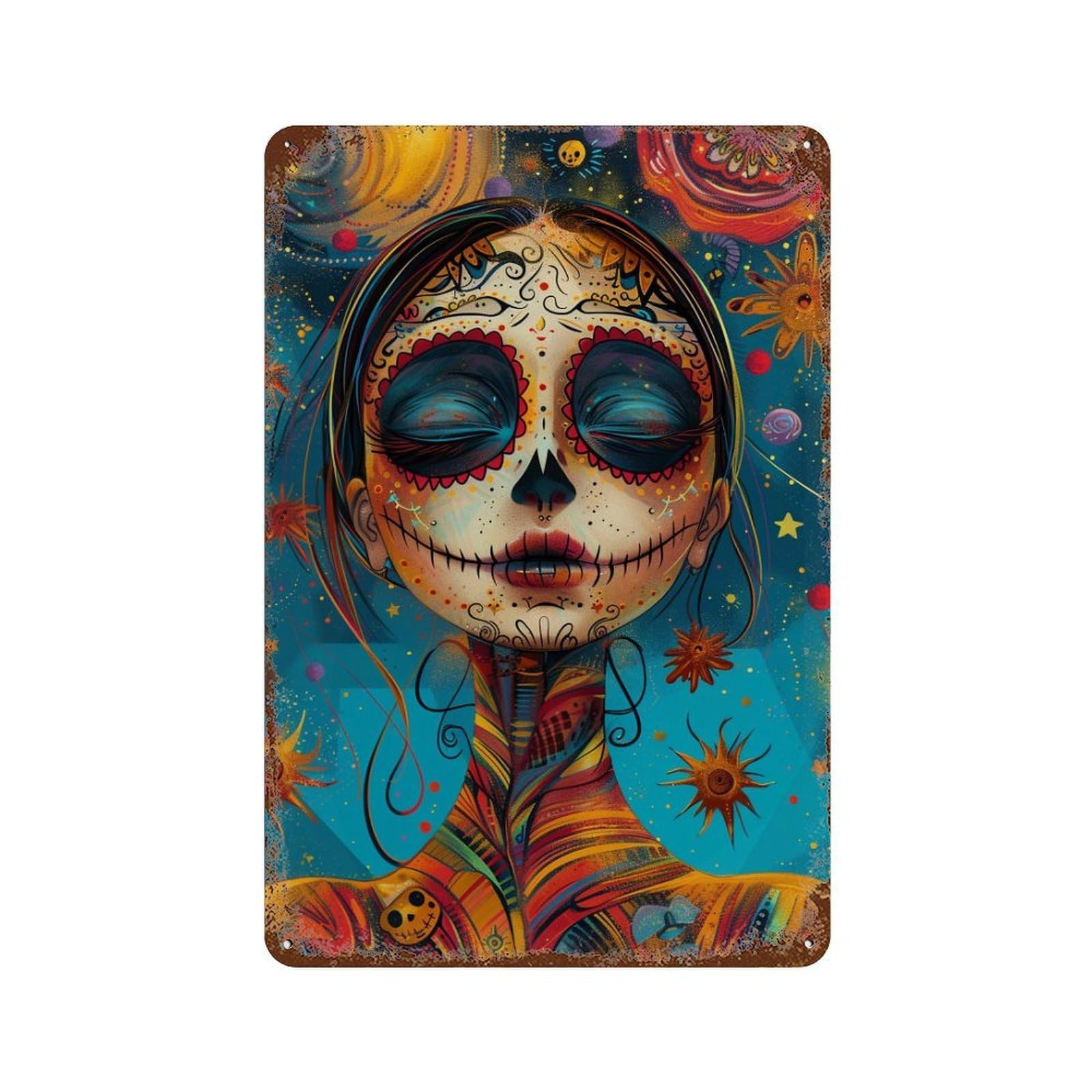 Colorful Sugar Skull Art Print 11.8"x7.9" Decorative Tin Sign, Retro Wall Decor for Bistro, Counter And Cafe Decor