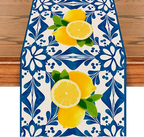 13X72 Inch Blue Polyester Table Runner - Italian Lemons Summer Table Runner Decorations for Dinning - Kitchen Dresser Decor for Party Holiday - Runners for Housewarming Gifts for Women Couple New Home