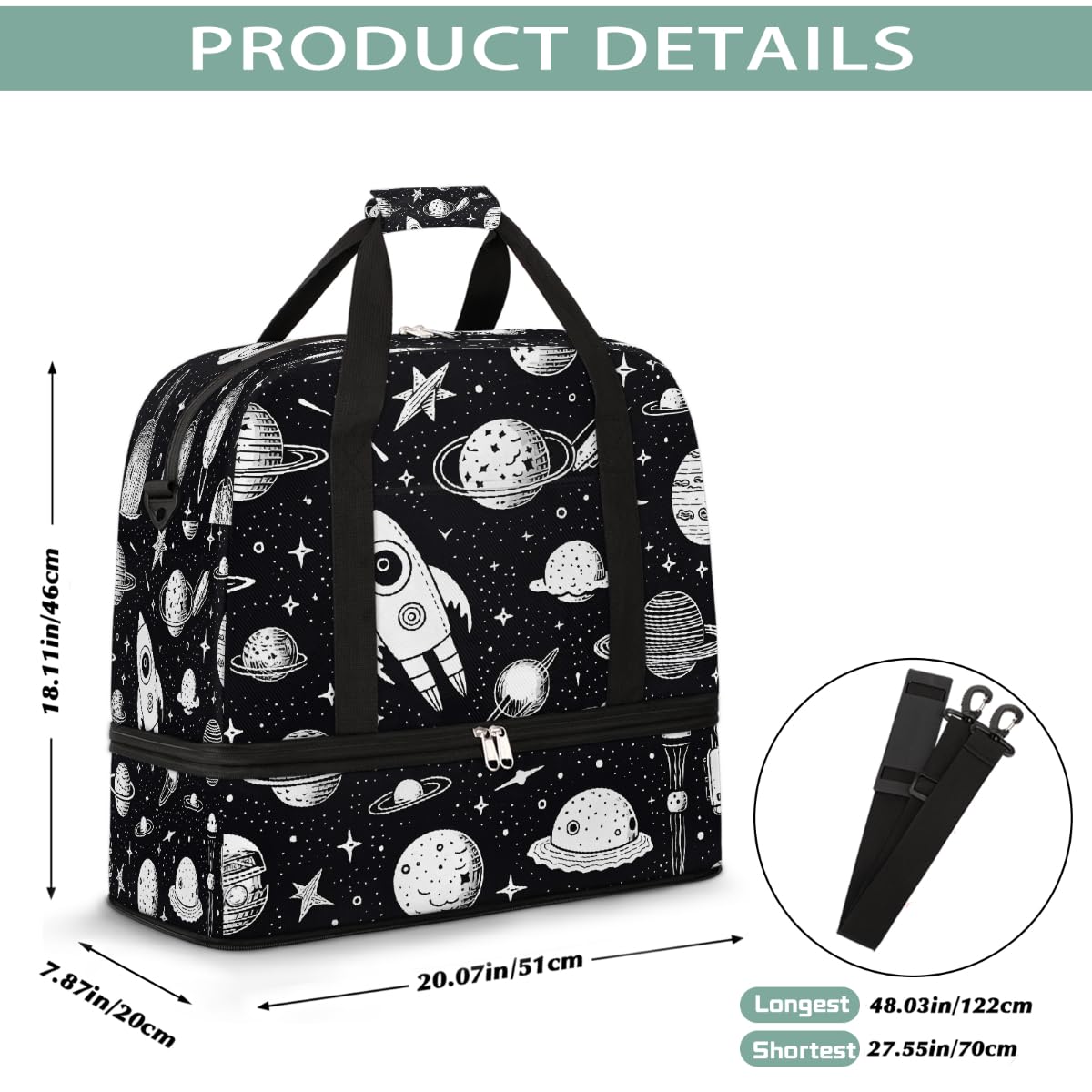 Borsa da viaggio pieghevole astratta con pianeta spaziale, borsa da palestra espandibile con scomparto per scarpe, borsa da fine settimana di grande capacità, borsa da viaggio per viaggi, sport