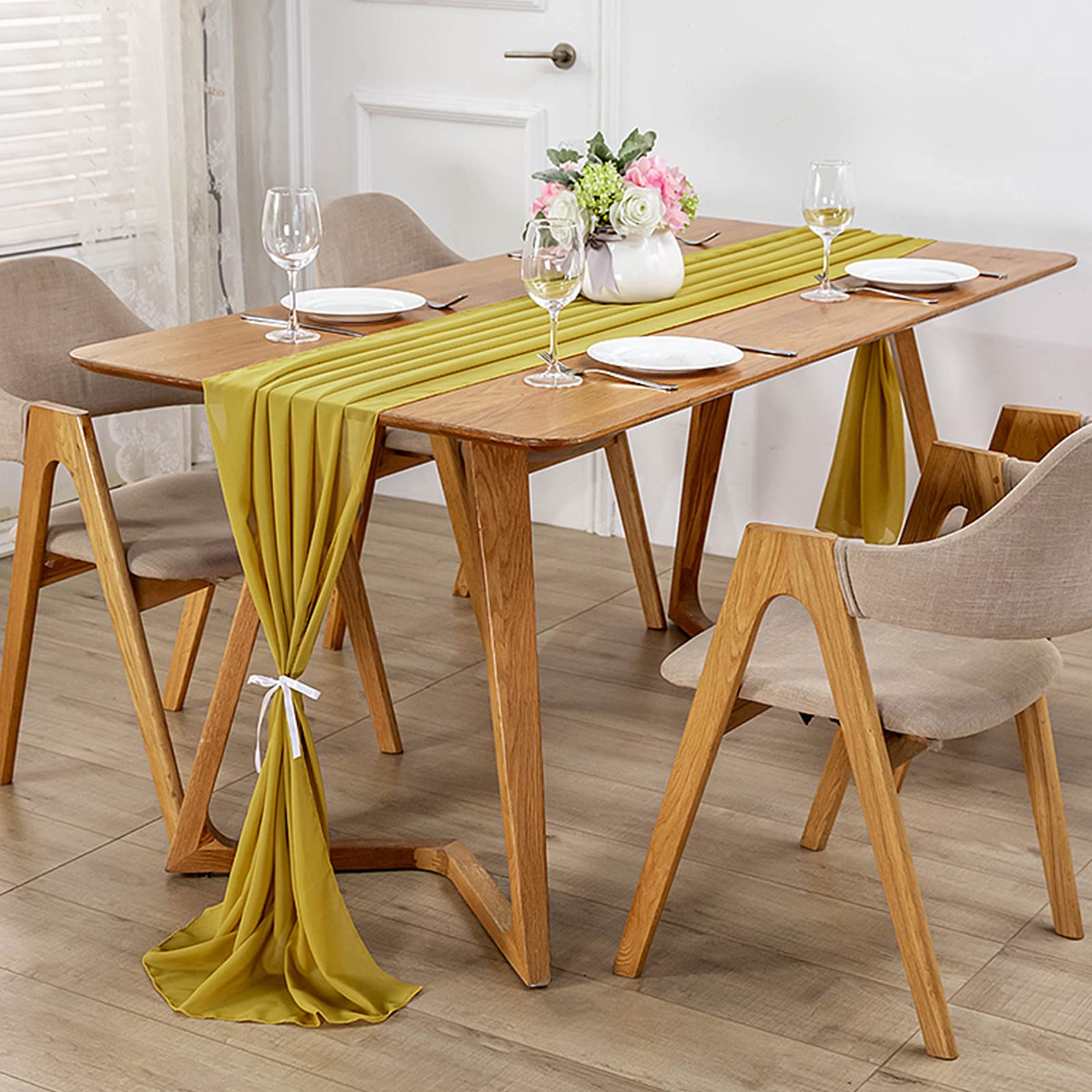 Swsen Chiffon Table Runner 70 x 600cm Gold, Romantic Wedding Table Runner Washable, Chiffon Table Cover Dressing for Wedding, Birthday, Baby Shower, Party Table Decoration Indoor Outdoor