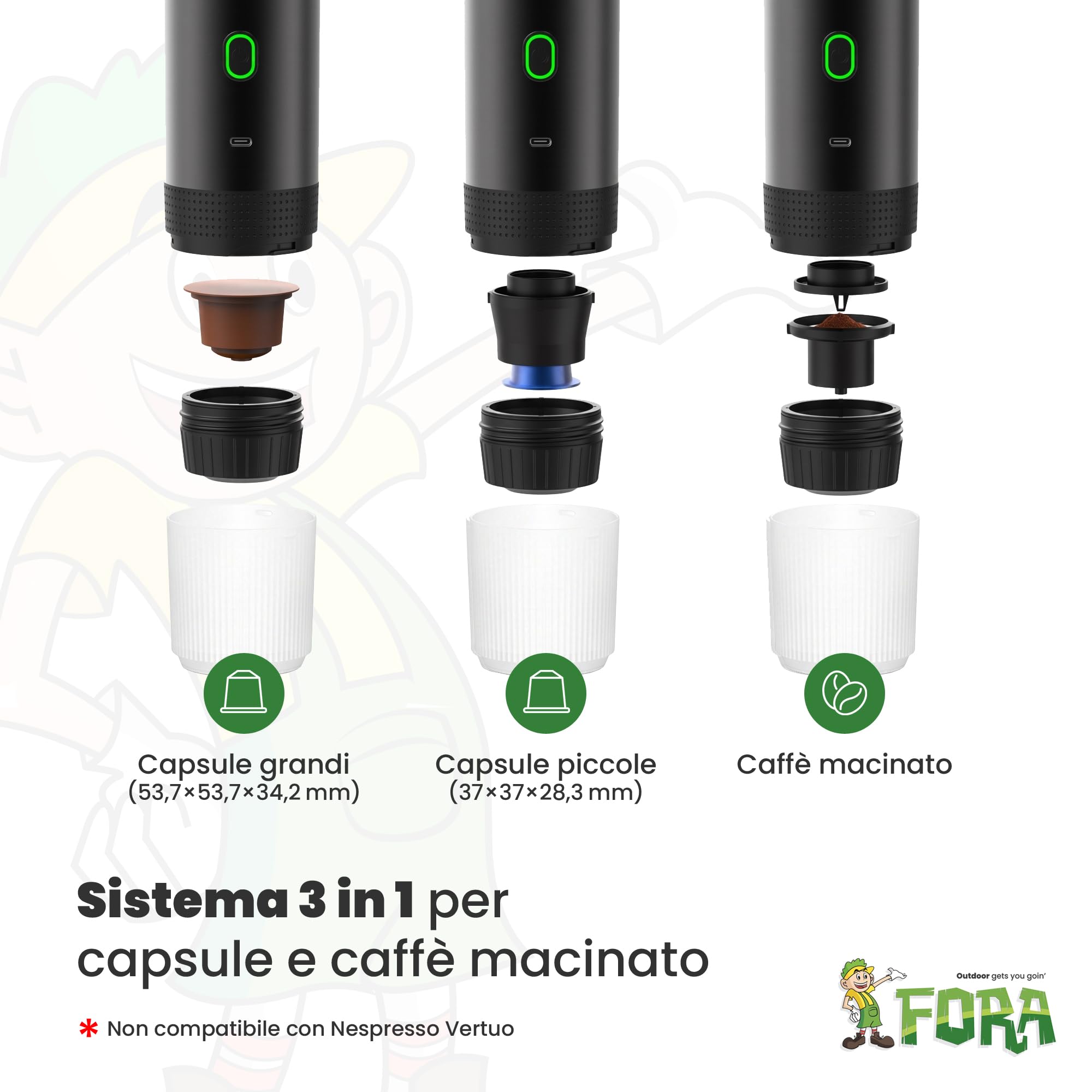 FORA Macchina Caffe Espresso Portatile 3 in 1 - Capsule, 20 Bar
