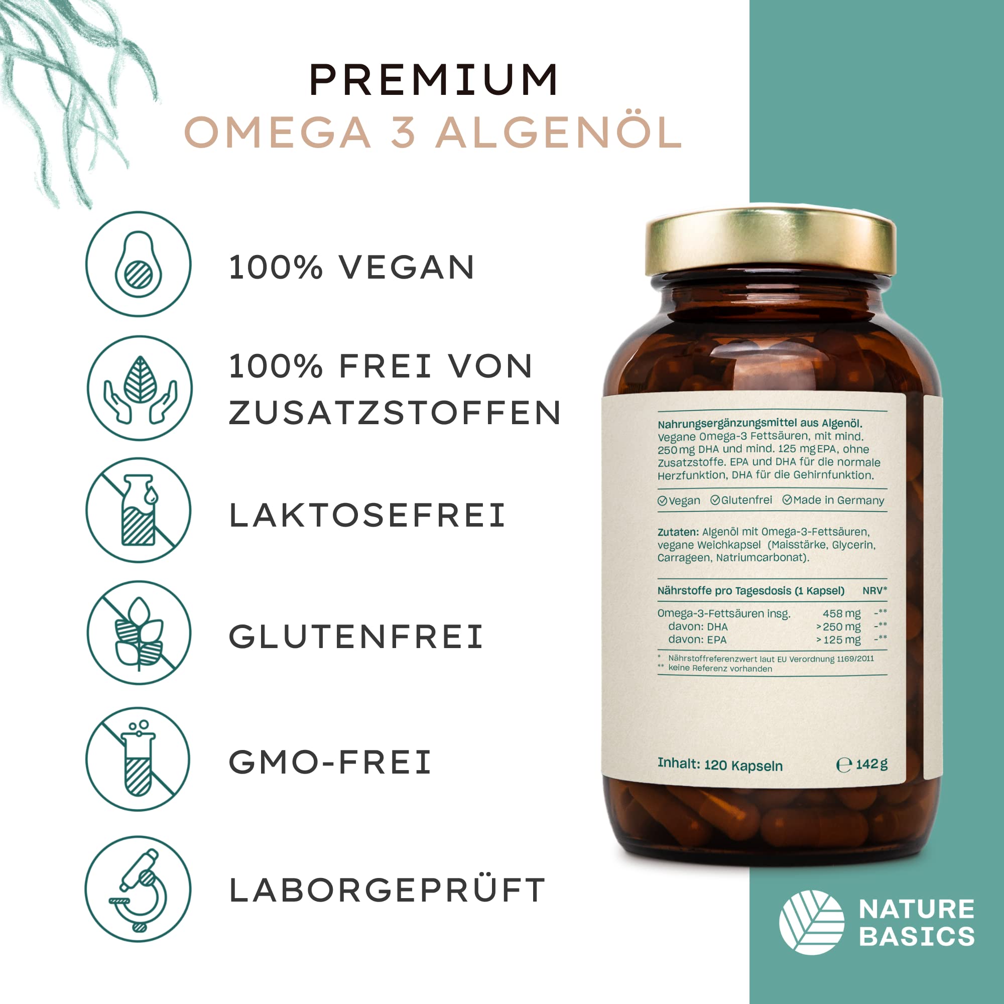 Veganes Omega 3 aus Algenöl | 120 hochdosierte Kapseln für 4 Monate | Nur 1 Kapsel täglich | laborgeprüft auf Reinheit