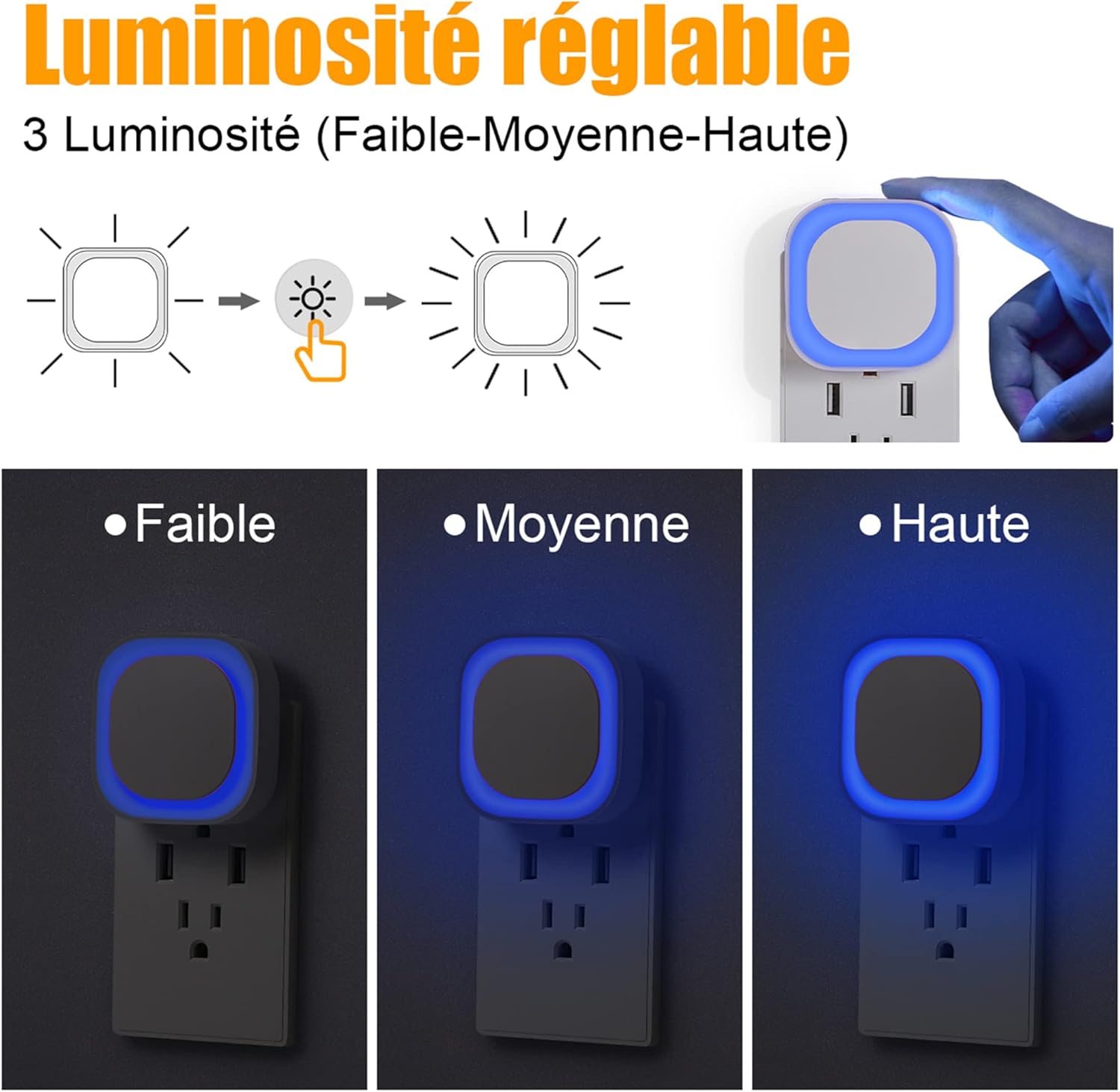 Diagram showing three brightness levels (low, medium, high) of the YUNLEX NLS21 Night Light, with a hand adjusting a slider.