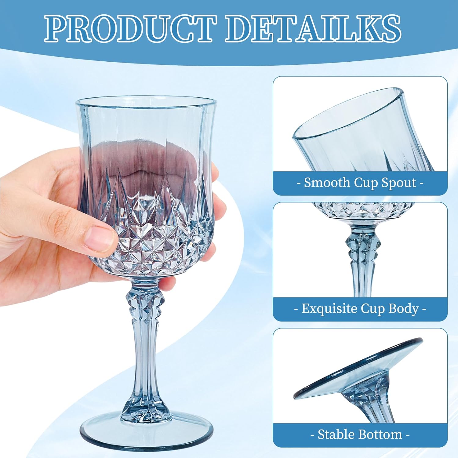 48 Pack Dusty Blue Plastic Wine Glasses, Vintage Plastic Goblets for Parties, Drinking Glasses Unbreakable Glassware Crystal Water Goblets Reusable Drinkware for Wedding Reception Grand Event Party