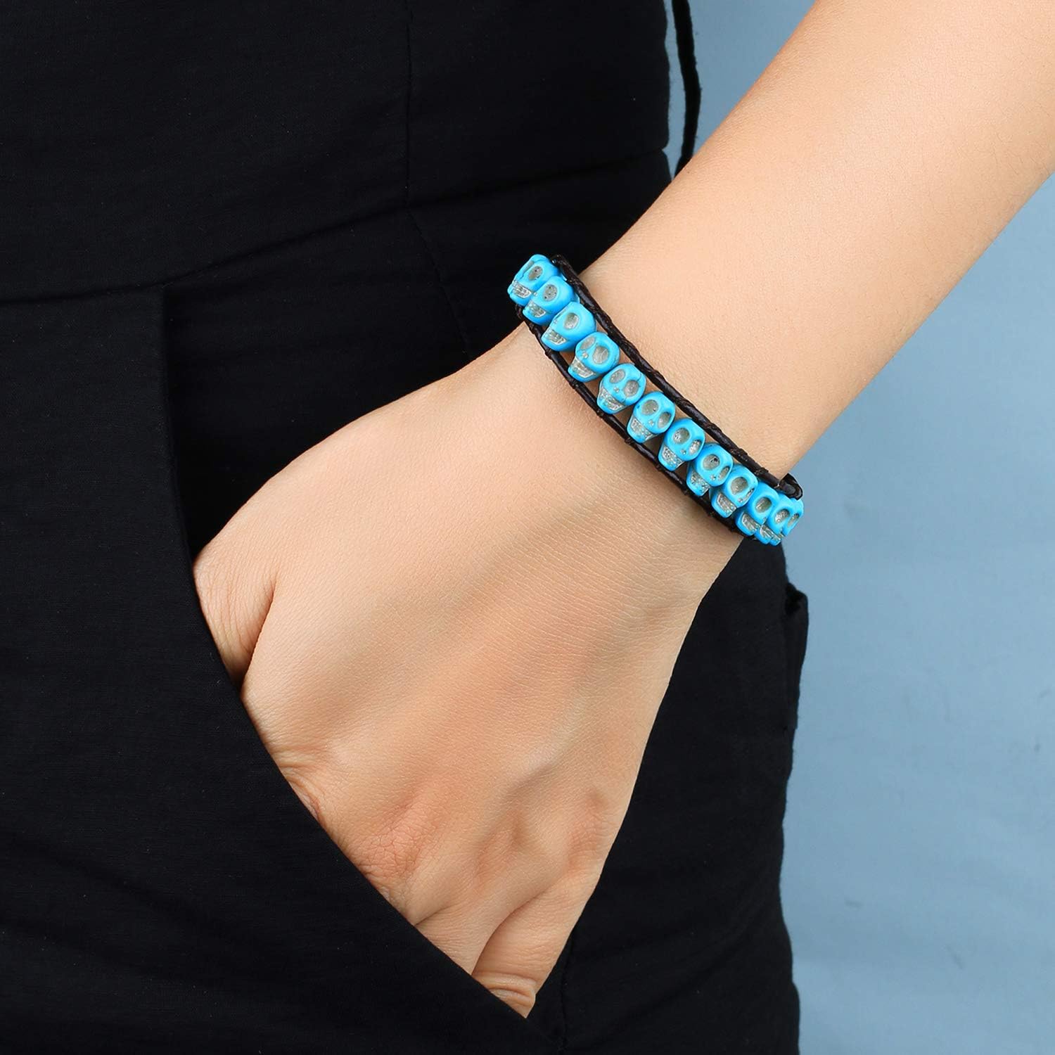 KELITCH New Skull Turquoise Beaded Wrap Bracelet on Brown Leather Handmade Bracelets New Jewelry - Image 5