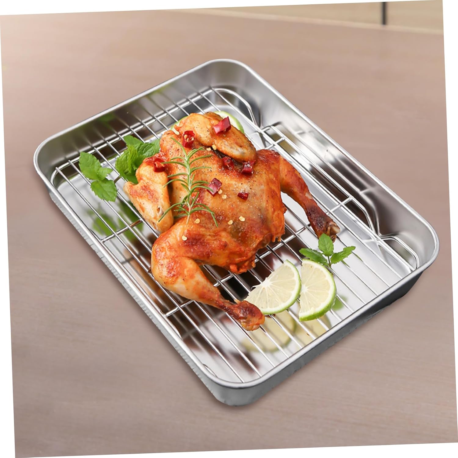 OUNONA Stainless Steel Roasting Pan Rack Set Rectangular Baking Tray for Oven Use Versatile for Cooking Meat and Baking Includes Drip Tray and Cover