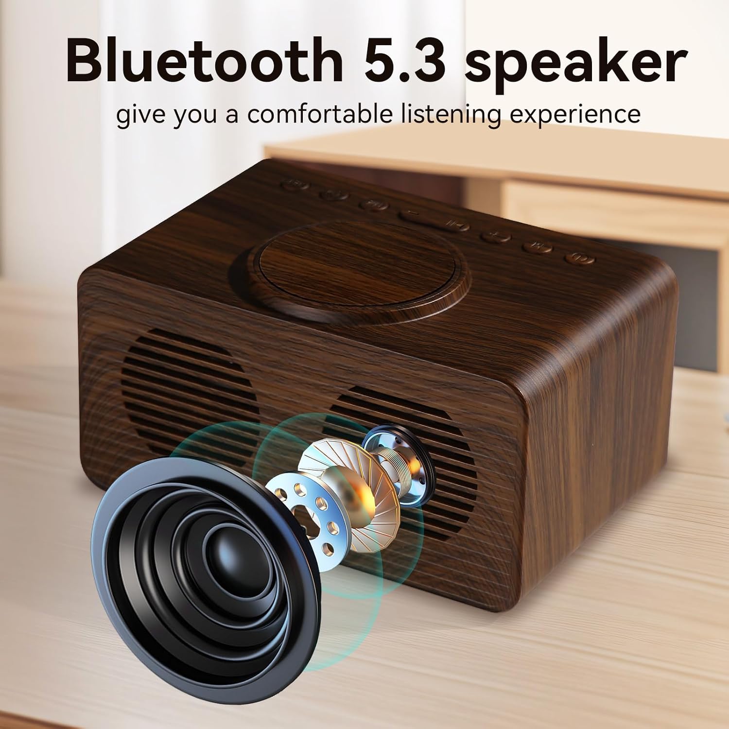 Wooden Bluetooth Speaker Alarm Clock with Wireless Charging, 0-100% Adjustable Brightness Dimmer, 2 Alarms, 9 Mins Snooze, 12/24h, Led Night Digital Clock for Bedrooms, Office,Travel(Black)