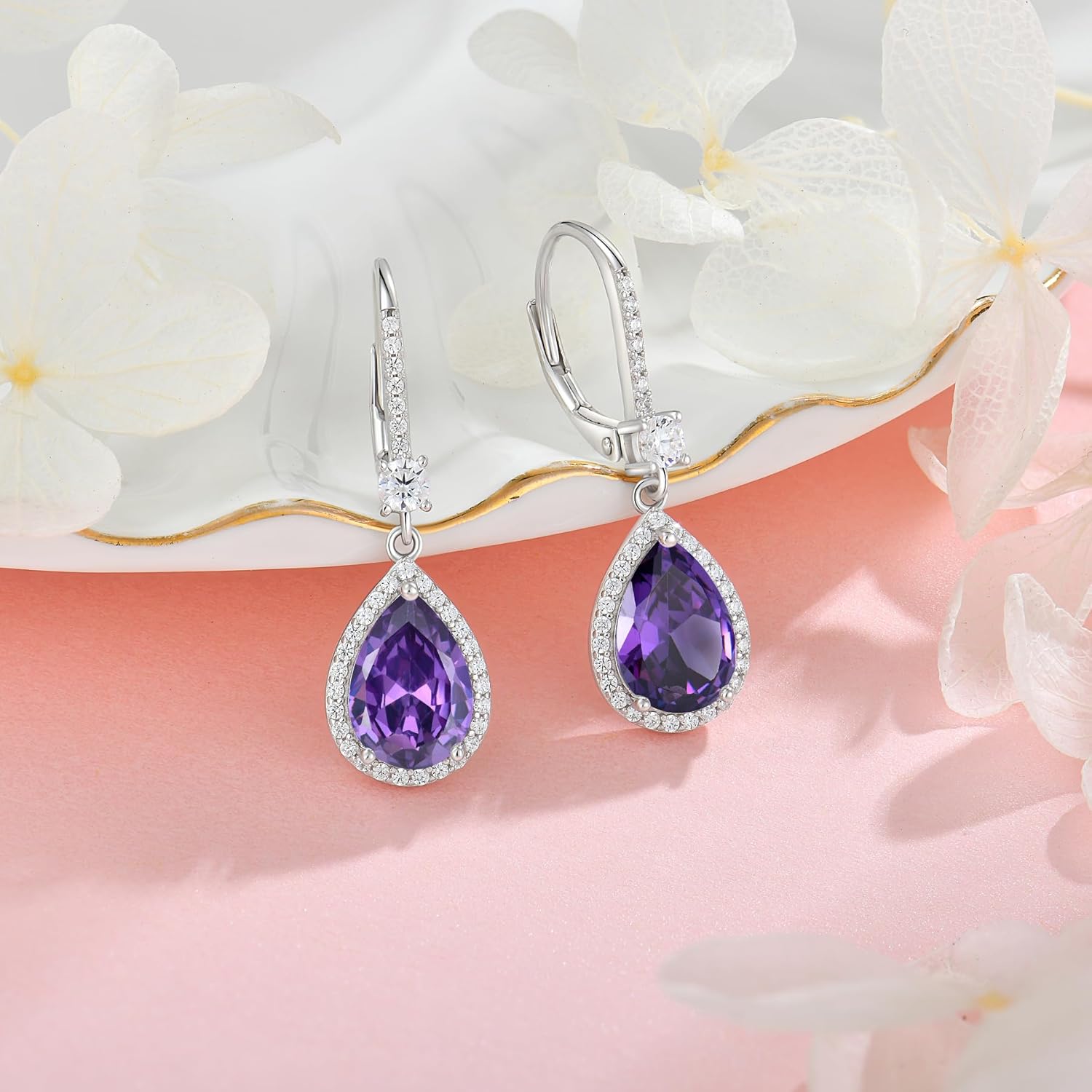 Teardrop Leverback Birthstone Earrings for Women 925 Sterling Silver 5A Cubic Zircon Dangle Drop Birthstone Earrings Jewelry Anniversary Birthday Christmas Gifts for Her - Image 3