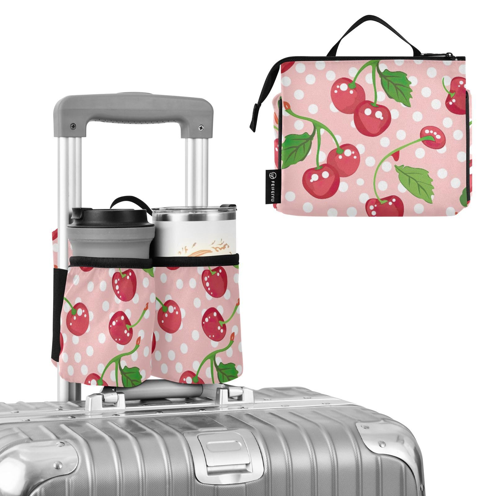 KFBE Red Cherry Pink Luggage Travel Cup Holder, Free Hand Drink Carrier, Hold Two Travel Coffee Mug, Travelers Accessories 20855410