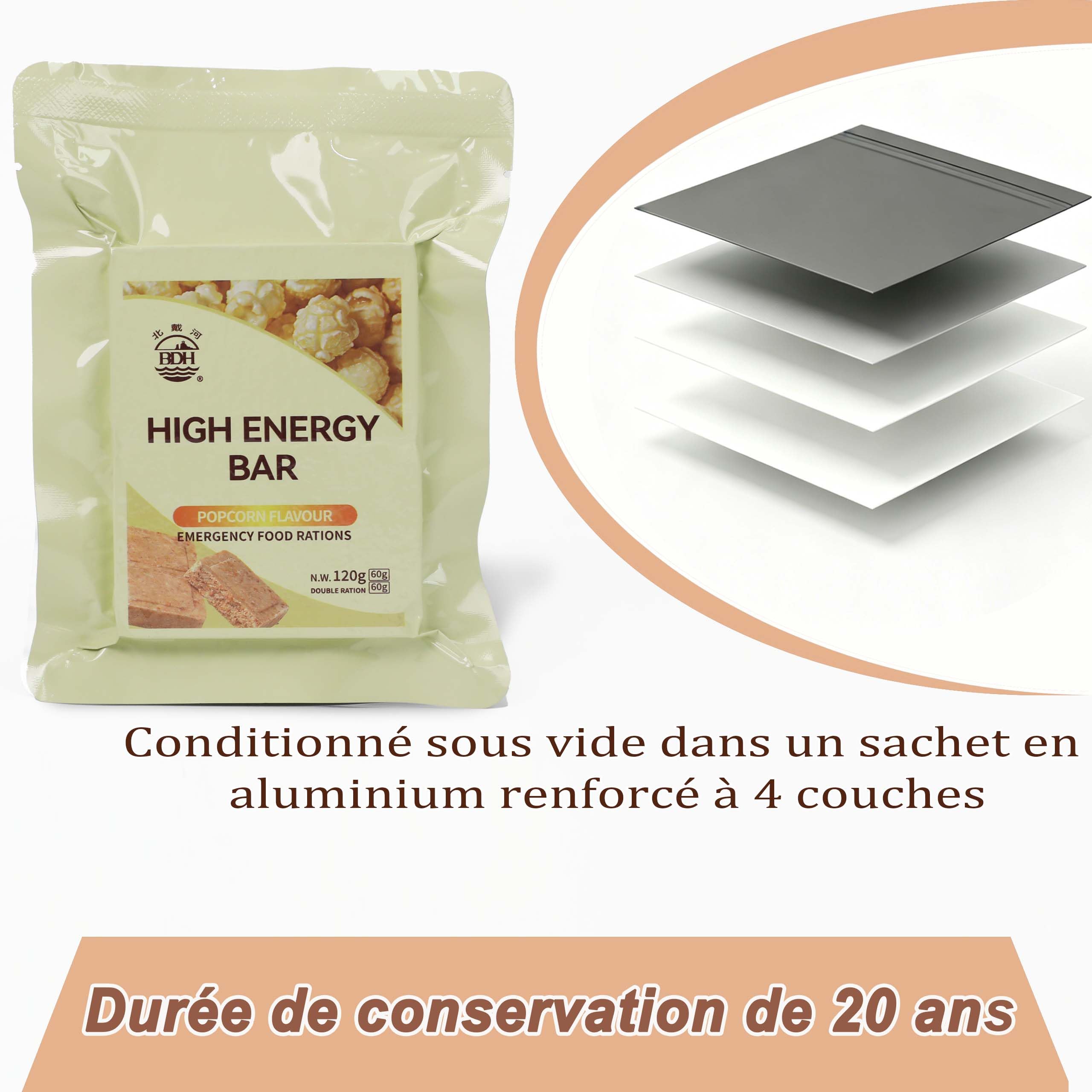 Biscuit énergétique saveur popcorn, Ration de survie longue conservation
