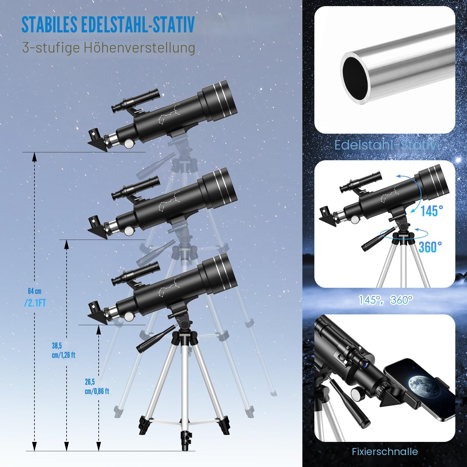 Teleskop, Astronomie Teleskop für Kinder Erwachsene, 70mm Aperture 400mm Linsenteleskop Tragbares Reiseteleskop für Anfänger mit Stativ Telefon Adapter Rucksack Bluetooth Kamera-Fernbedienung