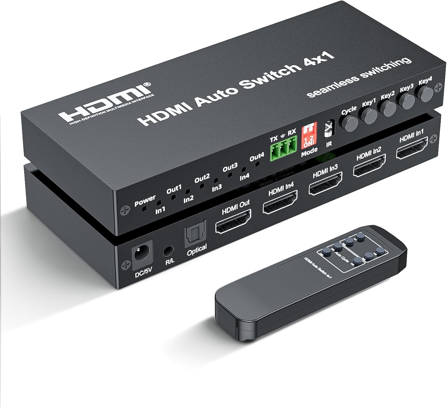 HDMI Switch 4 In 1 Out, 1080P@60Hz 4 Ports HDMI Switch with Seamless Timing Cycle Switching, RS232, IR Remote, Supports Optical + 3.5mm L/R Audio Extractor, Auto Switch for DVD, HD Player, PS4, TV Box