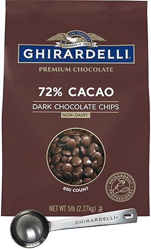 Ghirardelli - 72% chispas de chocolate de cacao, bolsa de 5 libras con cuchara barista estampada Ghirardelli