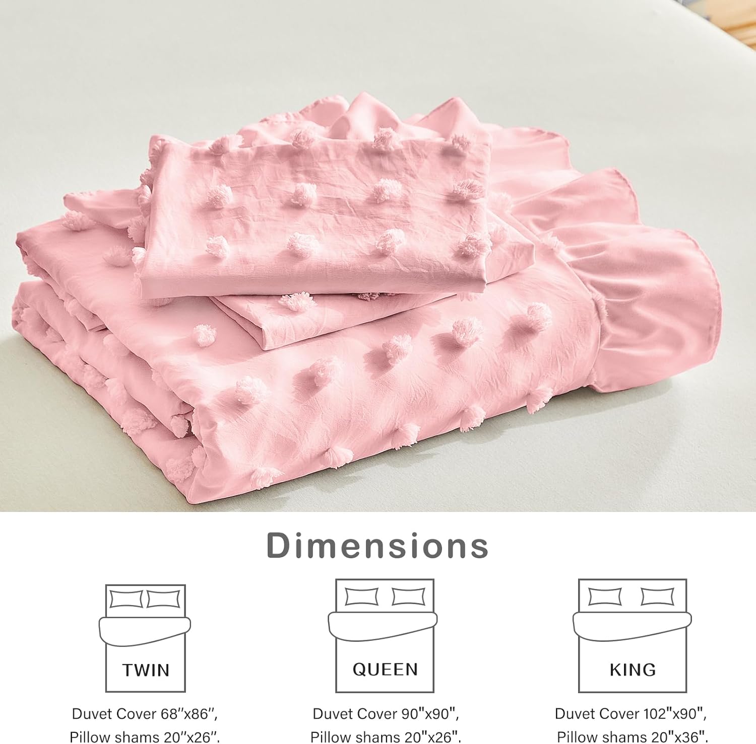 Flysheep Tufted Dots Ruffle Duvet Cover Set Queen Size, 3 Pieces Vintage Farmhouse Shabby Chic Ruffled Duvet Cover with Zipper Closure, Luxury Jacquard Boho Bohemian Bedding Set (Pink, Queen)