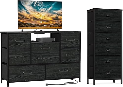 Furnulem Soporte de TV con toma de corriente para TV de 55 pulgadas de largo, cómoda para dormitorio con 6 cajones para oficina, entrada, sala de