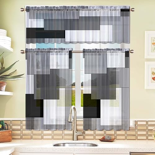 ULQUISNCE 3PK Geometric Grey Kitchen Sheer Curtain Tiers and Valances Set - Fash