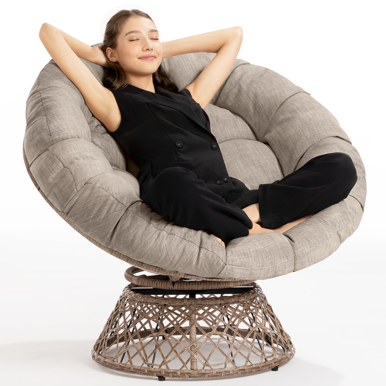 Bme 40" Ergonomic Wicker Papasan Chair with Soft Thick Cushion & Frame, 360° Swivel, Circle, Reading, Comfy Chair for Living Room, Bedroom