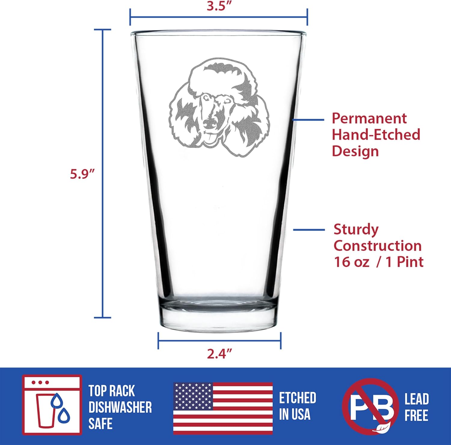 Custom Happy Poodle - Pint Glass for Beer - Fun Unique Cute Poodle Themed Dog Gifts and Party Decor for Women and Men - 16 oz - Customized Glasses