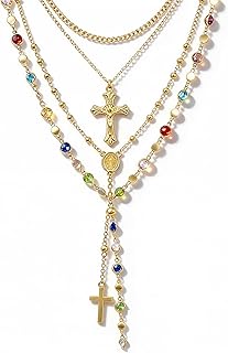 Layered Gold Cross Necklaces for Women Trendy, Bohemian Bead Pearl Y Long Pendant Necklace Set, Vintage Rosary Necklace St...
