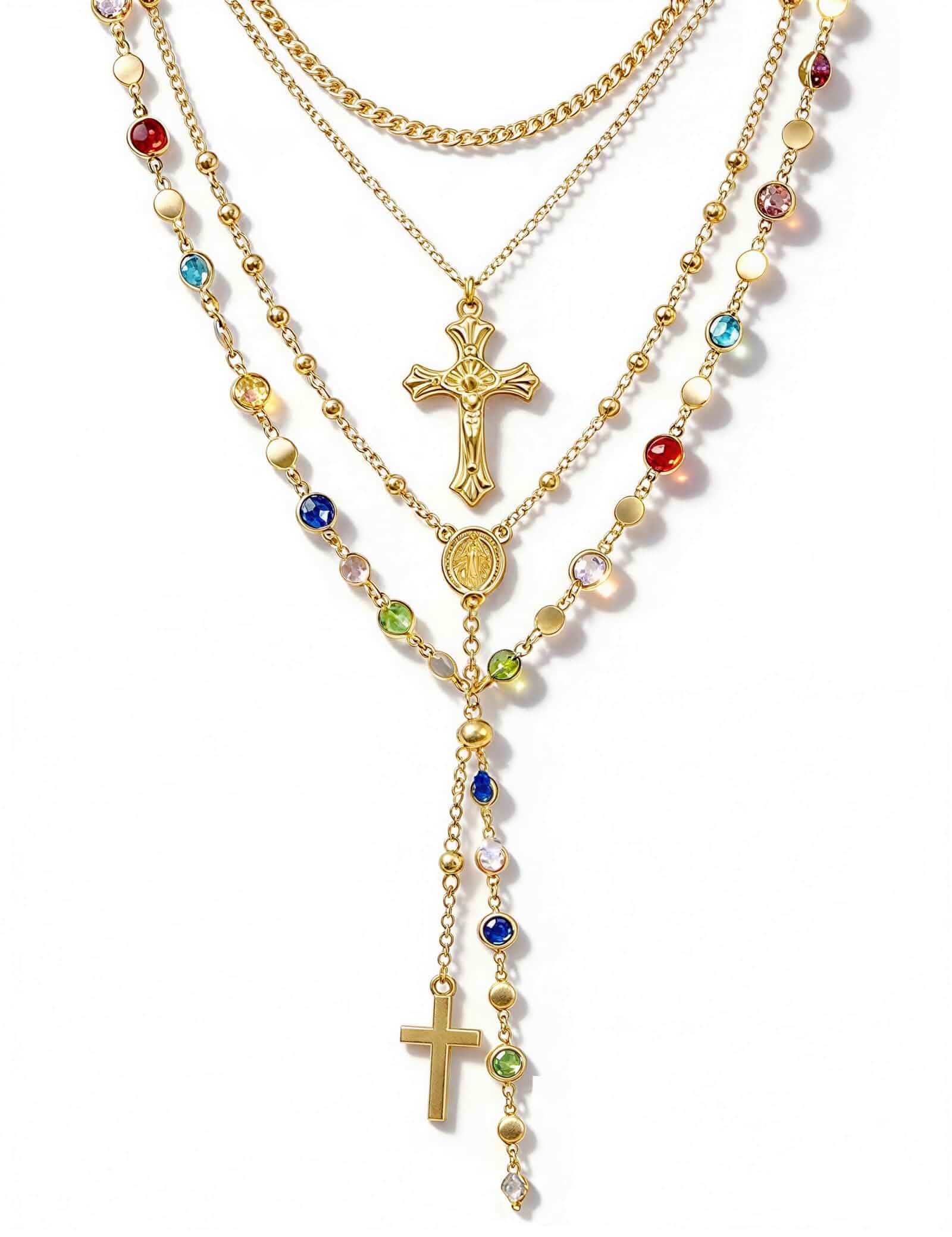 4PCS Layered Gold Cross Necklaces for Women Trendy, Bohemian Bead Pearl Y Long Pendant Necklace Set, Vintage Rosary Necklace Stack Adjustable Length
