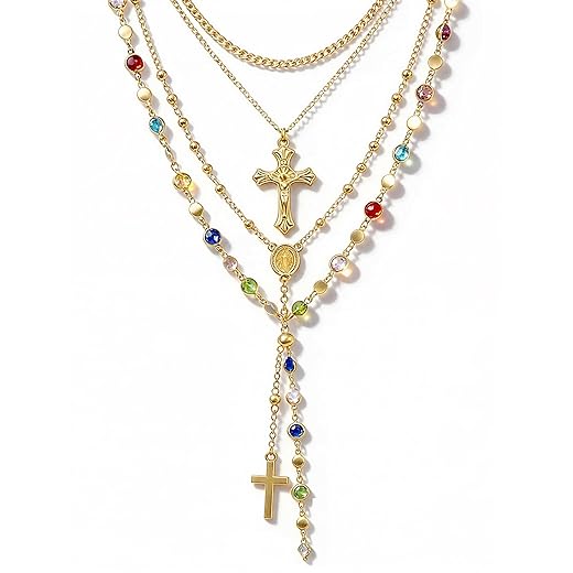 4PCS Layered Gold Cross Necklaces for Women Trendy, Bohemian Bead Pearl Y Long Pendant Necklace Set, Vintage Rosary Necklace Stack Adjustable Length