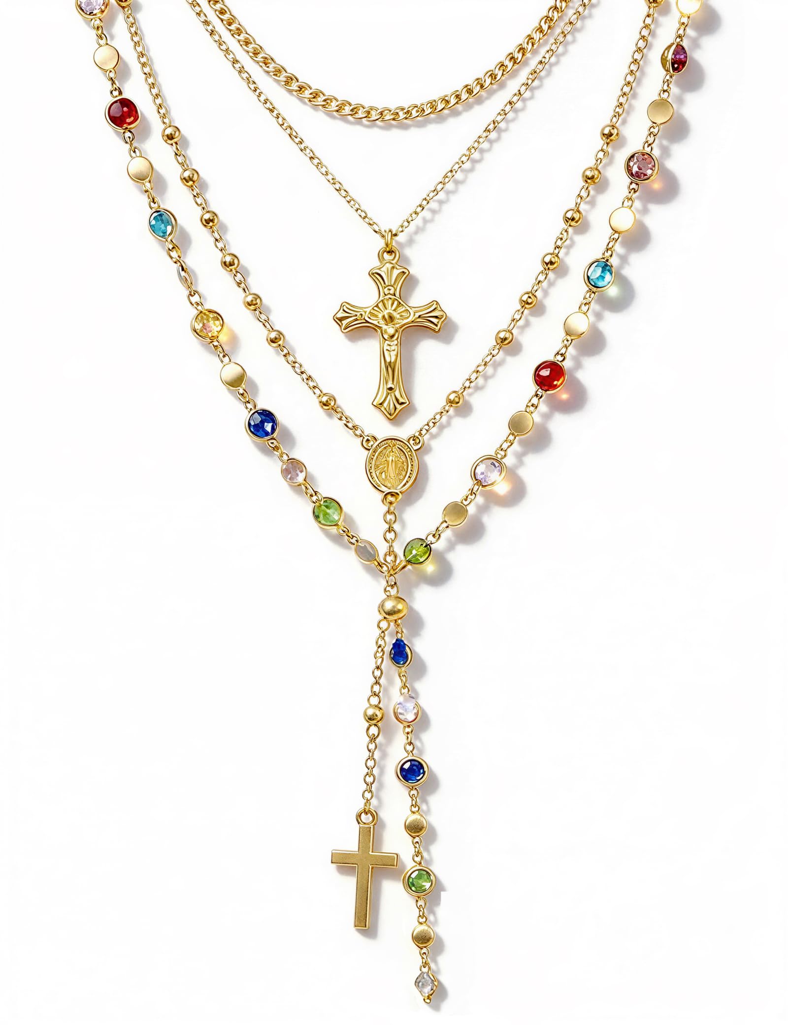 ÌF ME 4PCS Layered Gold Cross Necklaces for Women Trendy, Bohemian Bead Pearl Y Long Pendant Necklace Set, Vintage Rosary Necklace Stack Adjustable Length