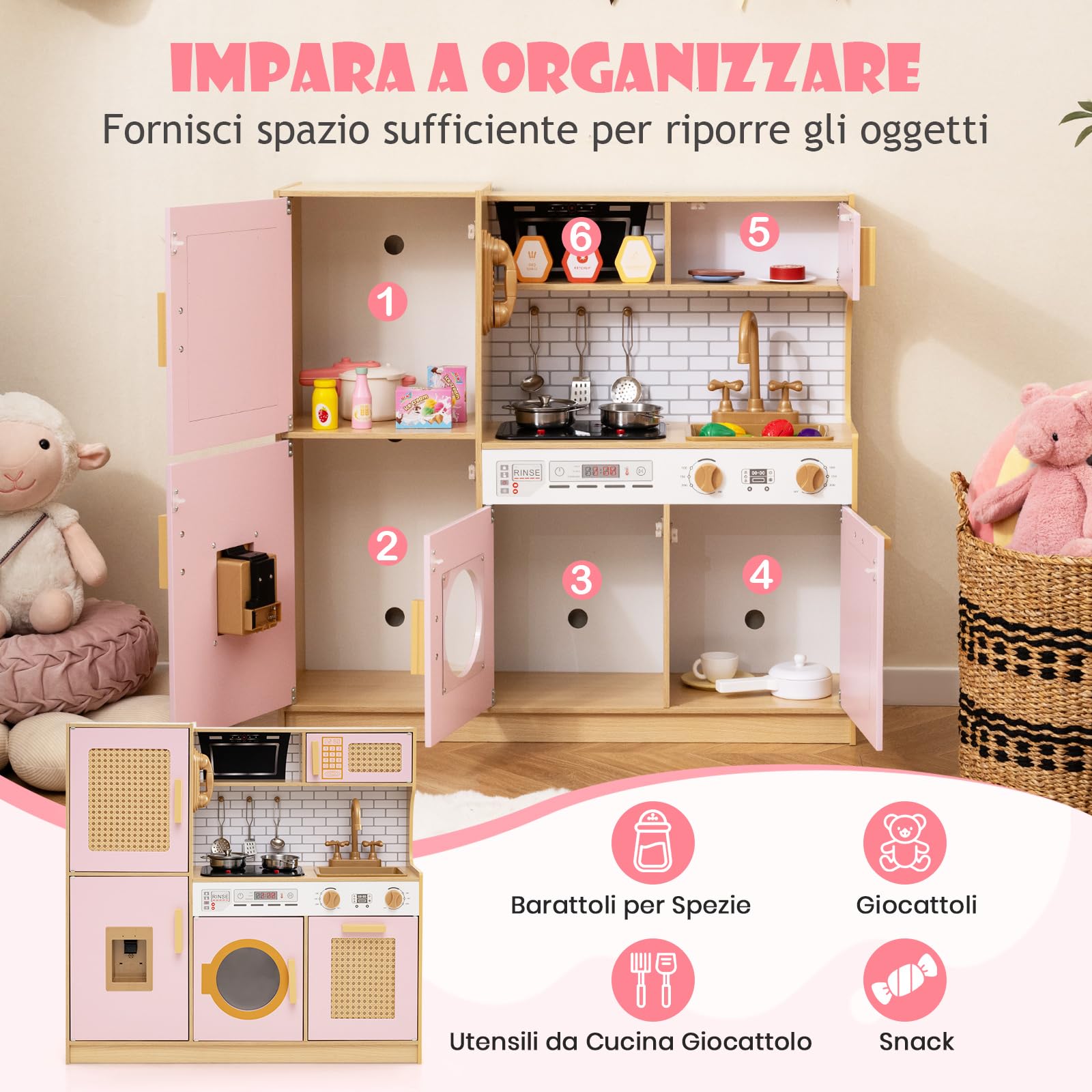 RELAX4LIFE Cucina Giocattolo per Bambini, Effetti Sonori e Luminosi, Gioco Cucina in Legno con Frigo, Microonde, Forno, Lavatrice, Mini Cucina per Bambini 3-6 Anni (Rosa)