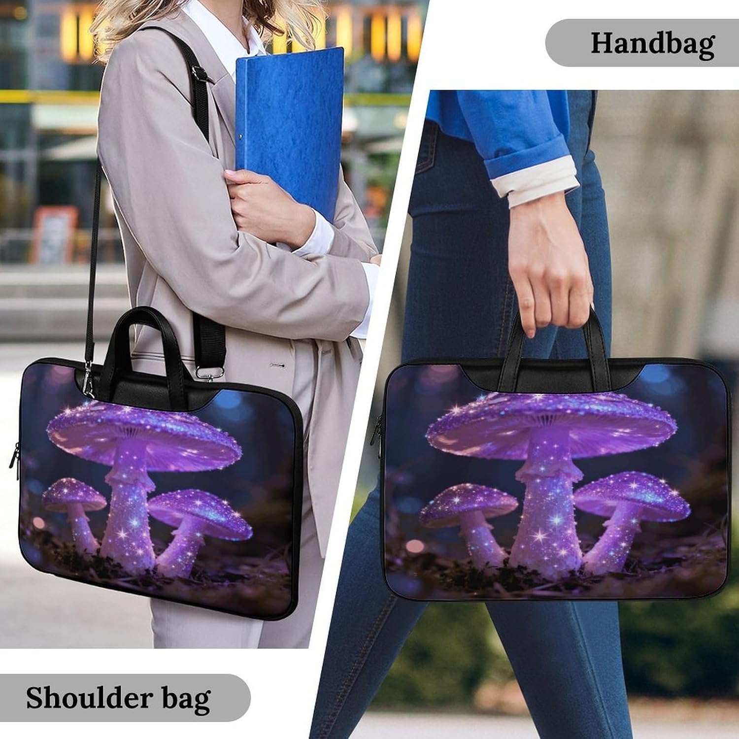 Mushroom Glitter 42x30.5cm Black-style Laptop Bag Leather Tablet Computer Briefcase Large Capacity Work Business Tote Bags for Office